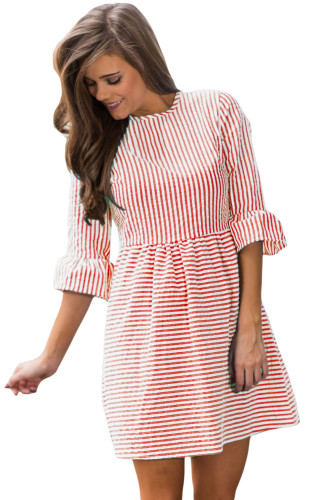 Red White Stripe Flounce Sleeve Seersucker Dress