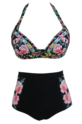 Vintage Floral Print Black High-Waisted Bikini