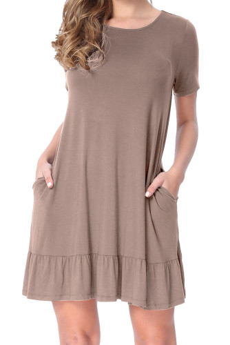 Brown Short Sleeve Draped Hemline Casual Shirt Dress