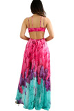 Fuchsia Multi-color Feather Print Maxi Dress