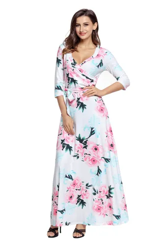 White Floral Print Wrapped Long Boho Dress