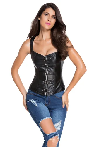 10 Steel Bone Reinforce Lace Up Leather Corset with Thong