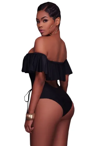Black Ruffle Off-The-Shoulder One Piece Swimsuit