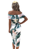 Tropical Palm Leaf Ruffle Off Shoulder Wrap Boho Dress