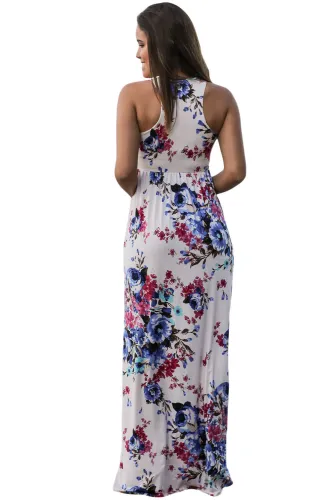 White Floral Print Sleeveless Long Boho Dress