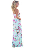 Blue Boho Floral Strapless Maxi Dress with Pockets