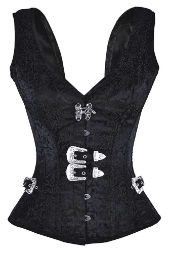 Black 12 Steel Bone Brocade Vested Corset