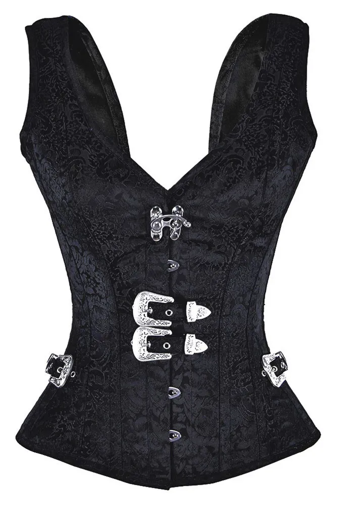 Black 12 Steel Bone Brocade Vested Corset