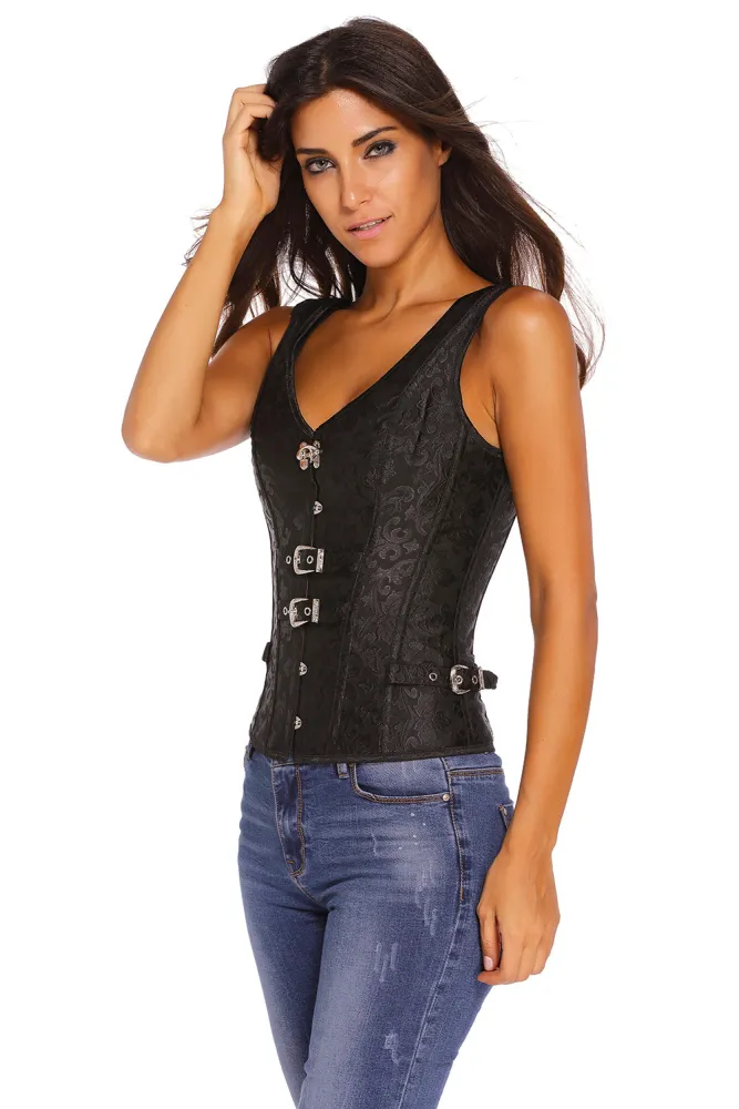 Black 12 Steel Bone Brocade Vested Corset