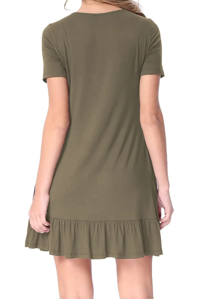Army Green Short Sleeve Draped Hemline Casual Shirt Dress