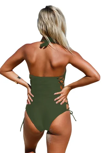 Army Green Lace up Side Accent Open Back One-piece Swimsuit