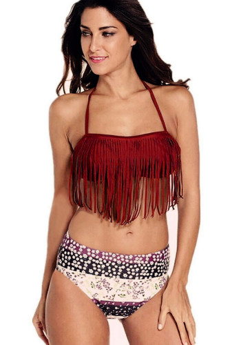 Burgundy Halter Fringed Floral Printed Bikini Swimsuit