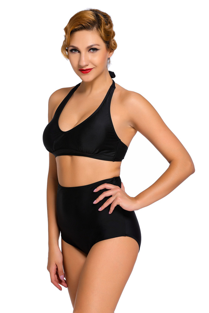 Solid Black Plus Size Halter Bikini Swimsuit