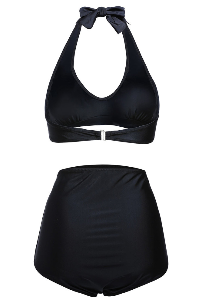 Solid Black Plus Size Halter Bikini Swimsuit