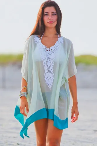 Embroidered V Neck Tulle Beach Cover-up