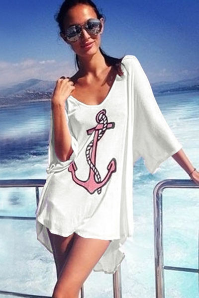 White Anchor Print Bathing Suit Cover Up