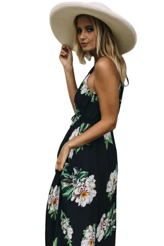 Navy Flowery Print Sexy V Neck Maxi Dress