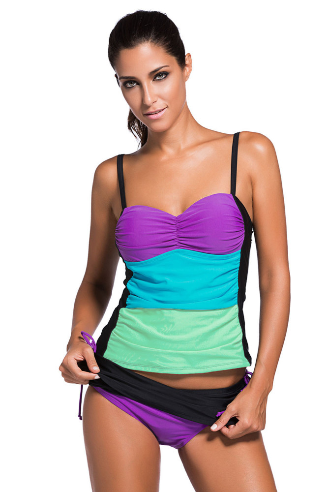 Purple Colorblock Bandeau Tankini Black Skort Set