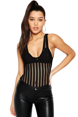 Black Stripes Fishnet Design Open Back Teddy