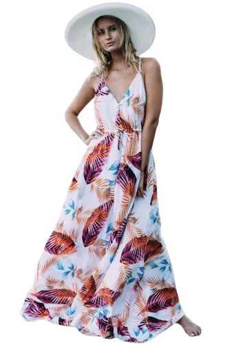 Orange Tropical Leaf Print Sexy V Neck Maxi Dress