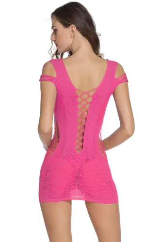 Rosy Crotchet Mesh Hollow-out Mini Chemise Dress