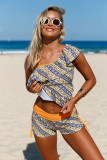 Ruffle One Shoulder Tankini&Shorts 2pcs Swimsuit