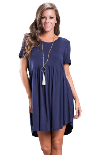 Navy Blue Short Sleeve Pullover Babydoll Style Casual Dress