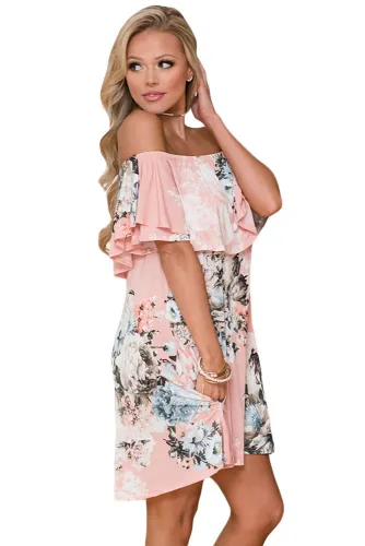 Ruffle Off Shoulder Peachy Floral Mini Dress