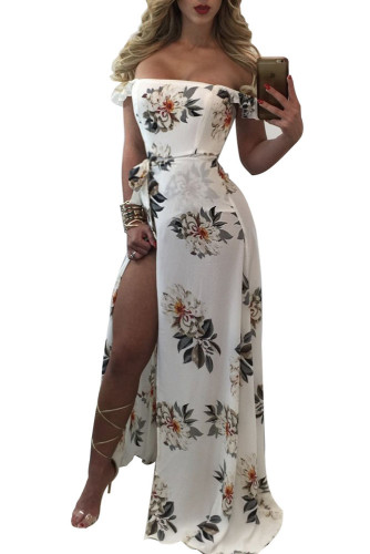 Sleeveless Off Shoulder Floral Print High Slit Maxi Dress