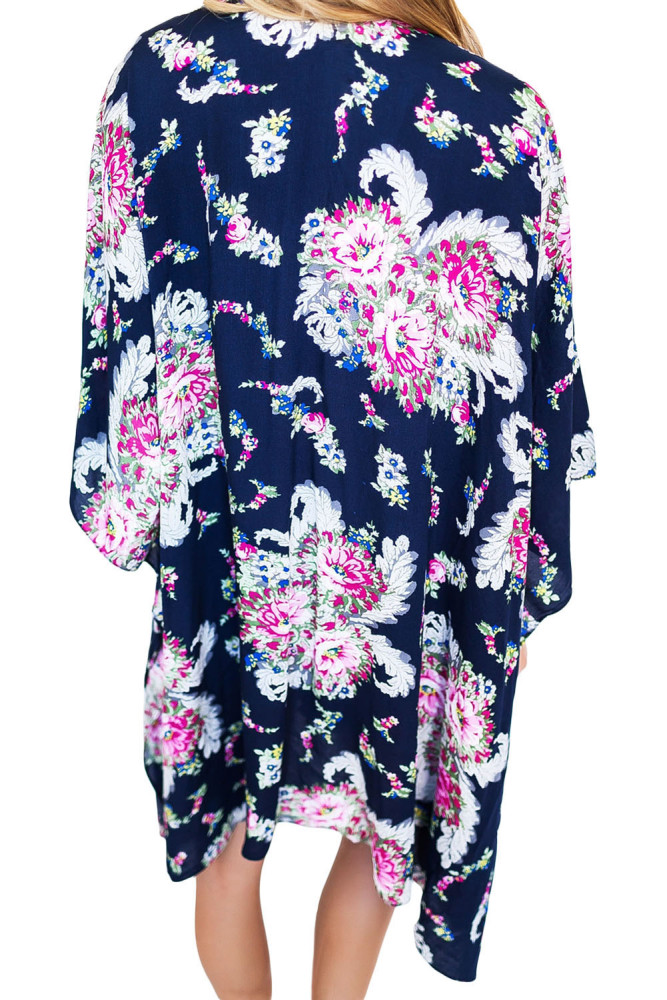 Flower Print Open Front Kimono in Navy