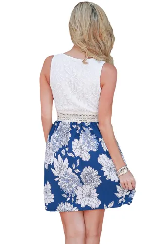 Lace Tank Blue Floral Print Skirt Skater Dress