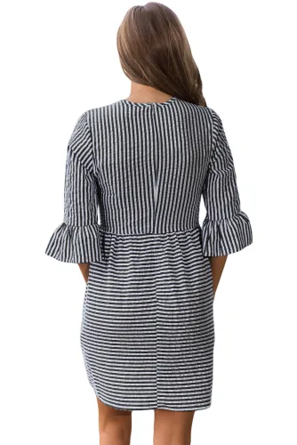 Black White Stripe Flounce Sleeve Seersucker Dress