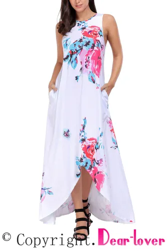White Floral Pocketed Holiday Maxi Boho Dress