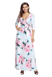 White Floral Print Wrapped Long Boho Dress