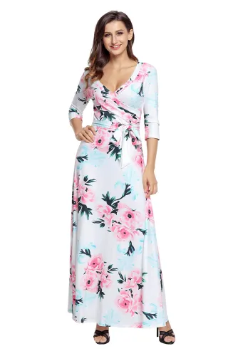 White Floral Print Wrapped Long Boho Dress