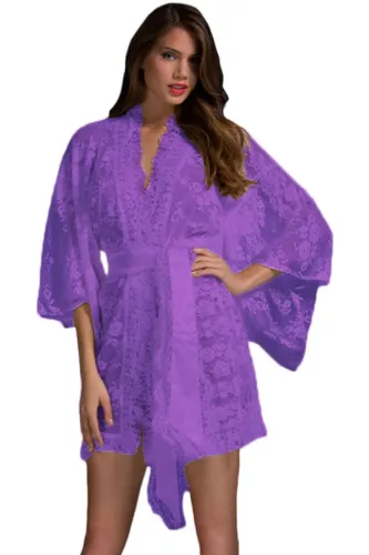 Purple Belted Lace Kimono Nightwear