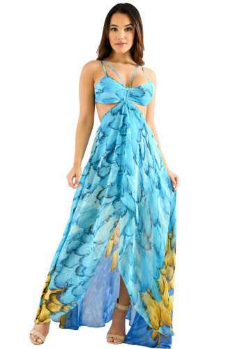Turquoise Multi-color Feather Print Maxi Dress