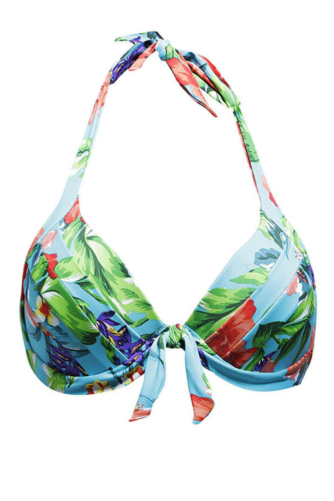 Floral Print Bluish Retro Tie Front Bikini Top