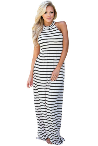 Black Striped High Neck Sleeveless Maxi Dress