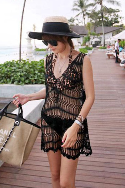 Black Sexy Cool V Neck Knitted Beach Cover-up