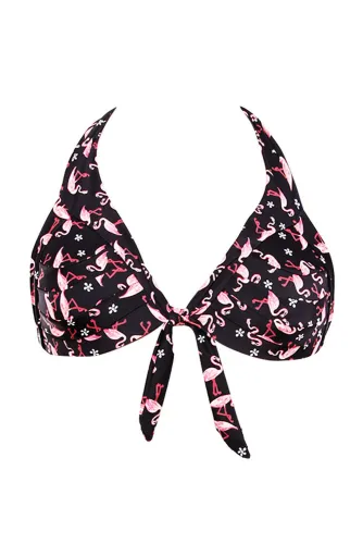 Waterfowl Print Black Retro Tie Front Bikini Top