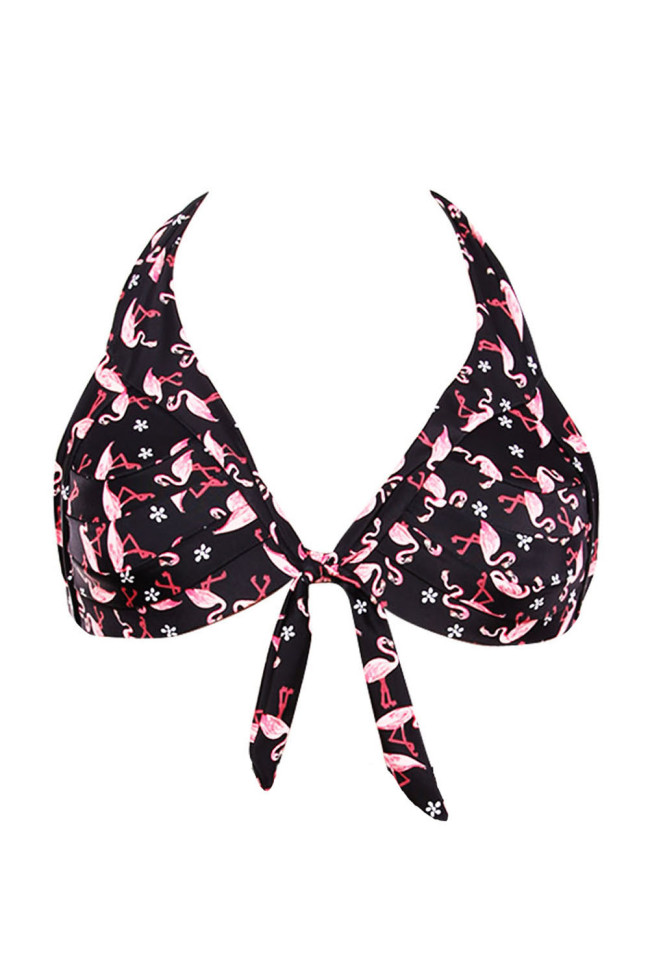 Waterfowl Print Black Retro Tie Front Bikini Top