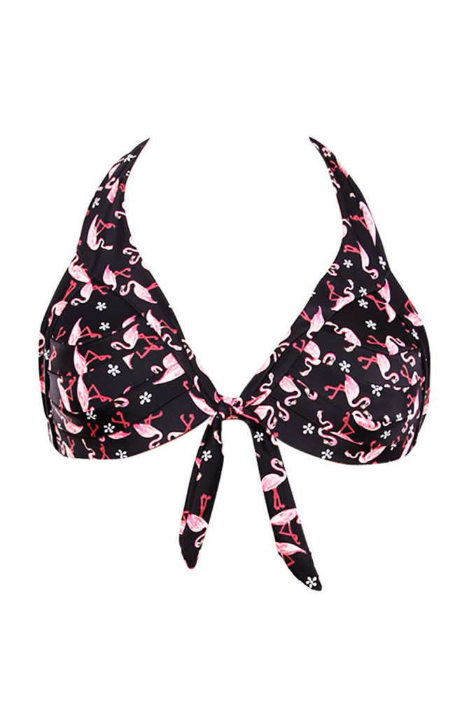 Waterfowl Print Black Retro Tie Front Bikini Top