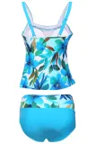 Bluish Floral Print 2pcs Tankini Swimsuit