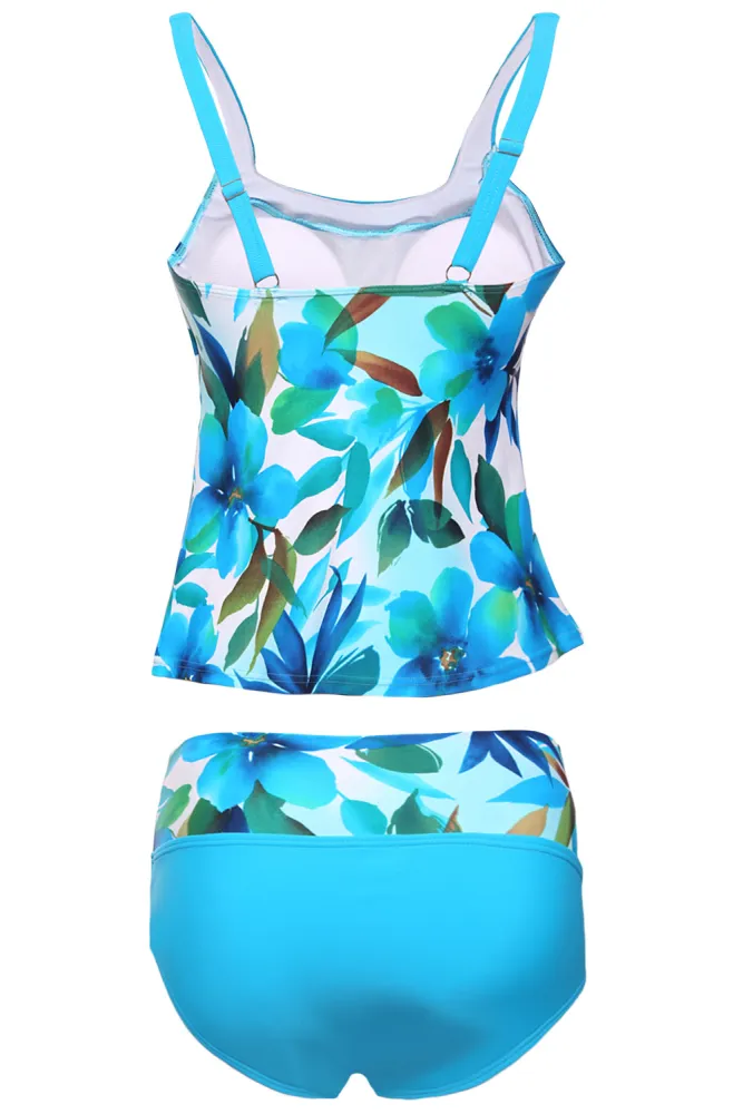 Bluish Floral Print 2pcs Tankini Swimsuit