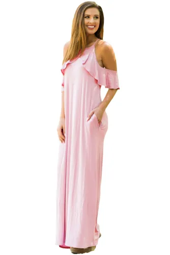 Dusty Pink Ruffle Sleeve Cold Shoulder Maxi Dress