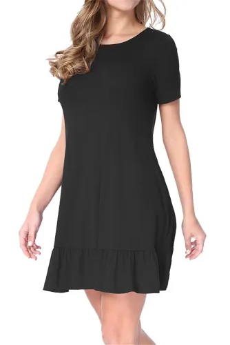 Black Short Sleeve Draped Hemline Casual Shirt Dress