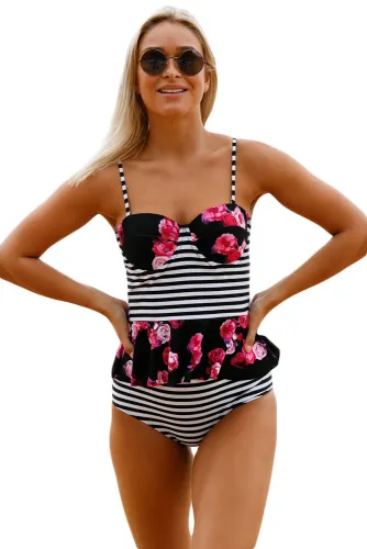 2pcs Floral Print Striped Flounce Tankini Swimsuit