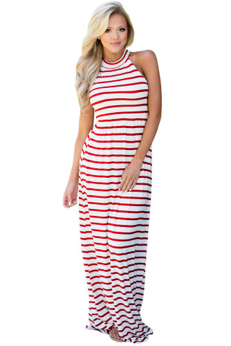 Red Striped High Neck Sleeveless Maxi Dress