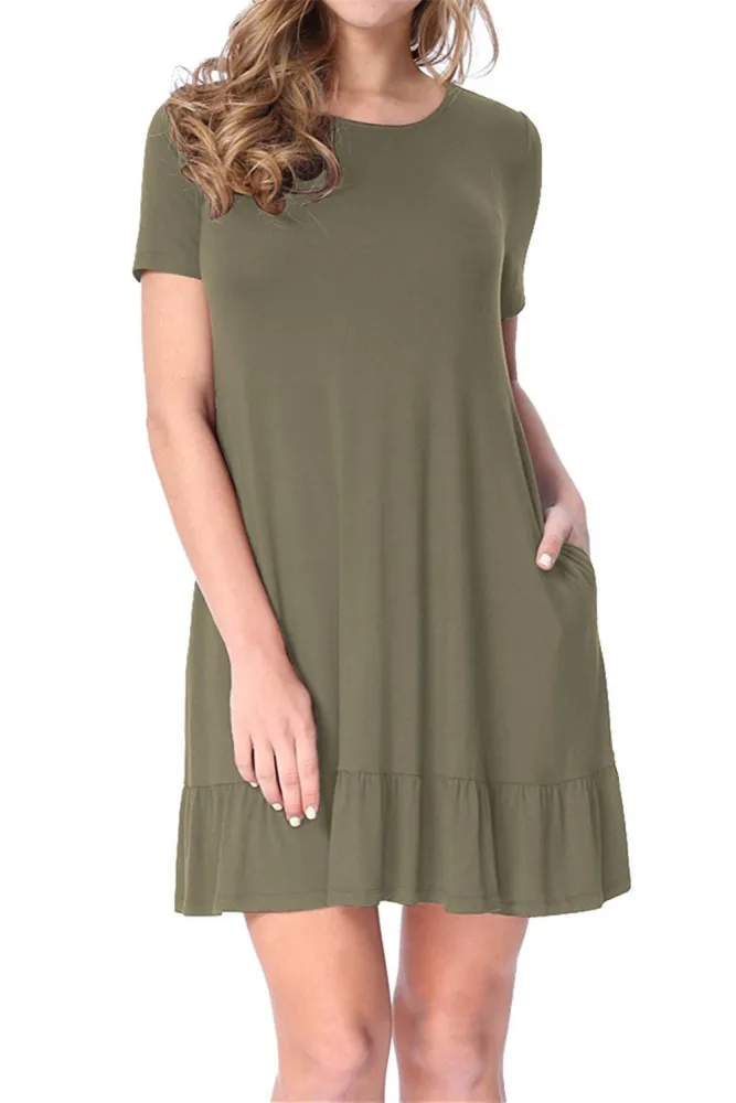 Army Green Short Sleeve Draped Hemline Casual Shirt Dress